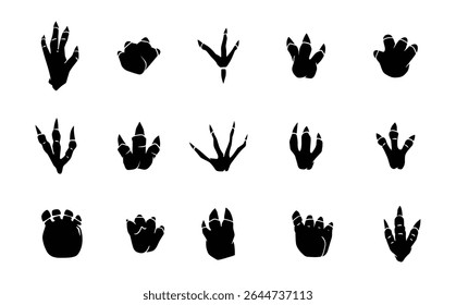 Jurassic era wild animal footprints collection. Vector isolation prints of dinosaurs, beast creations paws. Ancient wildlife foot icons, footsteps silhouette. Footmarks set in grunge style