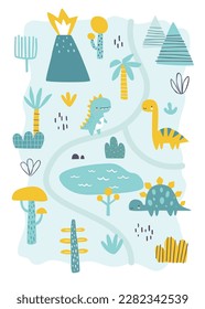 Jurassic landscape cute map for kids. Cartoon dino map print for boys carpet. Dinosaur valley map for kids.