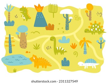 Paisaje Jurásico lindo mapa para los niños. Mapa de dibujos animados impreso para alfombras de bebés. Mapa del valle prehistórico para los niños.