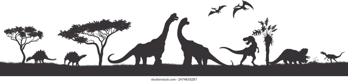 Jurassic landscape with dinosaur silhouettes. Isolated prehistoric panorama. Ancient raptors black drawing. Horizontal banner with dino and trees. Tyrannosaurus and triceratops on white background. Ve