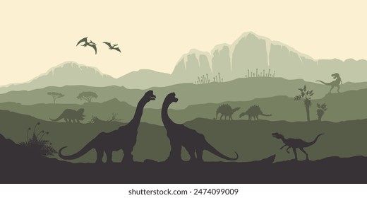 Jurassic landscape with dinosaur silhouettes. Prehistoric panoramic scene. Tyrannosaurus and triceratops on mountain background. Ancient period card with with giant reptiles. Vector illustration