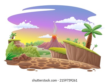 Jurassic landscape illustration with cliff mountains and trees palm