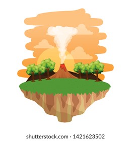 jurassic landscape with smoking volcano scene