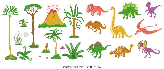 Jurassic and Mesozoic era icons set of dinosaurs and plants. Jurassic period animals and nature symbols collection, flat vector illustration isolated on white background.