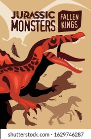 Jurassic monsters cartoon poster with images of prehistoric giant extinct animals vector illustration