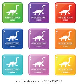 Jurassic museum icons set 9 color collection isolated on white for any design
