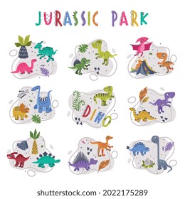 Jurassic Park Composition with Funny Dinosaurs as Cute Prehistoric Creature and Comic Predator Vector Set