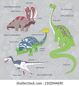 Jurassic Park, Dinosaurier - Hasmosaurus, Diplodocus, Velociraptor und Ankylosaurus. Nahtloses Muster. Infografiken für Kinder. Funny Cartoon Charaktere. Vektorgrafik. Set