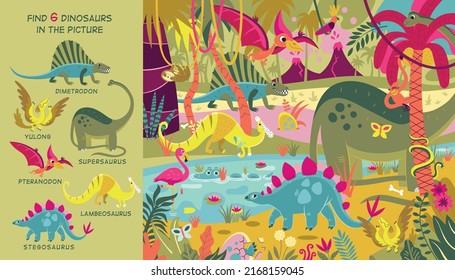 Jurassic Park  Find all the dinosaurs in the picture  Hidden Object Puzzle  Colorful Vector illustration  flat design
