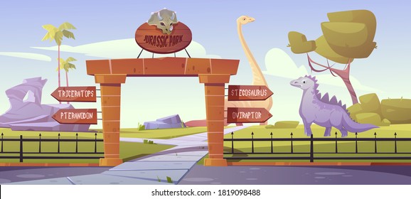 Jurassic park gates with pointers to dinosaurs triceratops, pteranodon, stegosaurus, oviraptor areas. Outdoor dino zoo with prehistoric era landscapek, rocks and palm trees Cartoon vector illustration