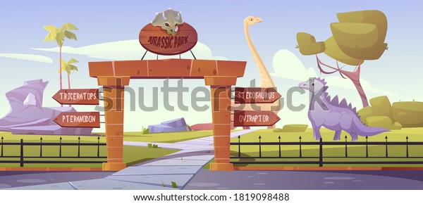 Jurassic park gates with pointers to\
dinosaurs triceratops, pteranodon, stegosaurus, oviraptor areas.\
Outdoor dino zoo with prehistoric era landscapek, rocks and palm\
trees Cartoon vector\
illustration