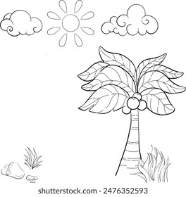 Jurassic period background vector elements, nature, sun, clouds, black and white palm in cartoon style. Silhouette for circuit