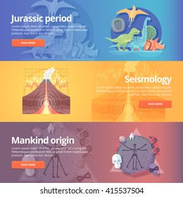 Jurassic period. Dinosaur age. Seismology science. Volcano eruption. Mankind origin. Anthropology. Science of life. Earthquake studying. Education and science banners set. Vector design concept.