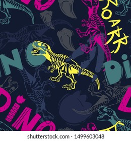 Jurassic period, dinosaur creative flat seamless pattern. Prehistoric animal hand drawn texture. Tyrannosaurus  decorative backdrop. 