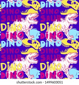 Jurassic period, dinosaur creative flat seamless pattern. Prehistoric animal hand drawn texture. Tyrannosaurus bones and footprints decorative backdrop.  