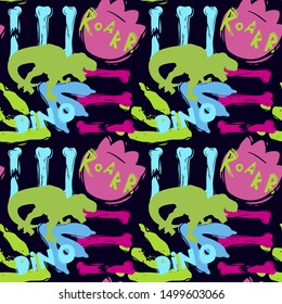 Jurassic period, dinosaur creative flat seamless pattern. Prehistoric animal hand drawn texture. Tyrannosaurus bones and footprints decorative backdrop.  
