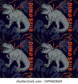 Jurassic period, dinosaur creative flat seamless pattern. Prehistoric animal hand drawn texture. Tyrannosaurus footprints decorative backdrop. 
