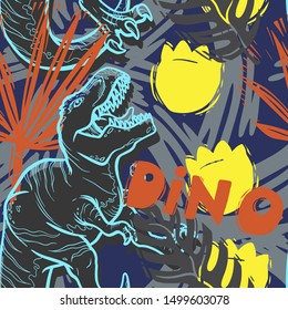 Jurassic period, dinosaur creative flat seamless pattern. Prehistoric animal hand drawn texture. Tyrannosaurus  decorative backdrop. 