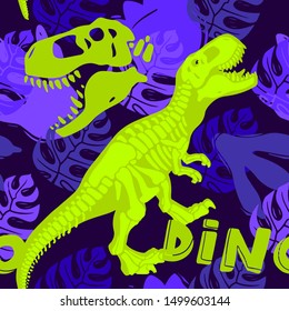 Jurassic period, dinosaur creative flat seamless pattern. Prehistoric animal hand drawn texture. Tyrannosaurus  decorative backdrop. 