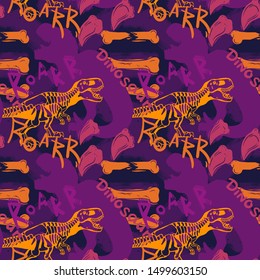 Jurassic period, dinosaur creative flat seamless pattern. Prehistoric animal hand drawn texture. Tyrannosaurus  decorative backdrop. 
