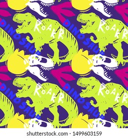 Jurassic period, dinosaur creative flat seamless pattern. Prehistoric animal hand drawn texture. Tyrannosaurus bones and footprints decorative backdrop.  