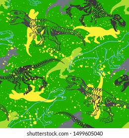 Jurassic period, dinosaur creative flat seamless pattern. Prehistoric animal hand drawn texture. Tyrannosaurus  decorative backdrop. 