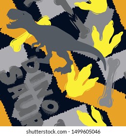 Jurassic period, dinosaur creative flat seamless pattern. Prehistoric animal hand drawn texture. Tyrannosaurus  decorative backdrop. 