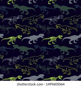 Jurassic period, dinosaur creative flat seamless pattern. Prehistoric animal hand drawn texture. Tyrannosaurus  decorative backdrop. 