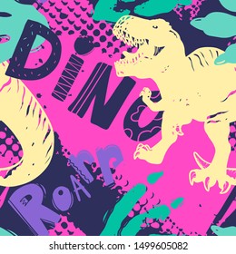 Jurassic period, dinosaur creative flat seamless pattern. Prehistoric animal hand drawn texture. Tyrannosaurus  decorative backdrop. 