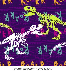 Jurassic period, dinosaur creative flat seamless pattern. Prehistoric animal hand drawn texture. Tyrannosaurus  decorative backdrop. 