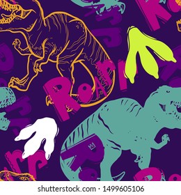 Jurassic period, dinosaur creative flat seamless pattern. Prehistoric animal hand drawn texture. Tyrannosaurus  decorative backdrop. 