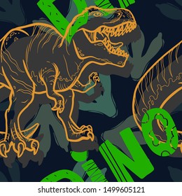Jurassic period, dinosaur creative flat seamless pattern. Prehistoric animal hand drawn texture. Tyrannosaurus  decorative backdrop. 