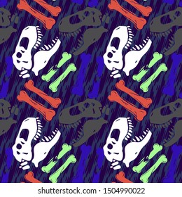 Jurassic period, dinosaur creative flat seamless pattern. Prehistoric animal hand drawn texture. Tyrannosaurus bones and footprints decorative backdrop. Wallpaper, textile, wrapping paper design