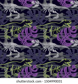 Jurassic period, dinosaur creative flat seamless pattern. Prehistoric animal hand drawn texture. Tyrannosaurus bones and footprints decorative backdrop. Wallpaper, textile, wrapping paper design