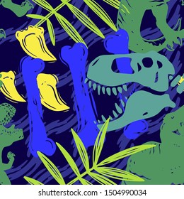 Jurassic period, dinosaur creative flat seamless pattern. Prehistoric animal hand drawn texture. Tyrannosaurus bones and footprints decorative backdrop. Wallpaper, textile, wrapping paper design