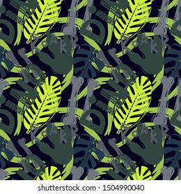 Jurassic period, dinosaur creative flat seamless pattern. Prehistoric animal hand drawn texture. Tyrannosaurus bones and footprints decorative backdrop. Wallpaper, textile, wrapping paper design