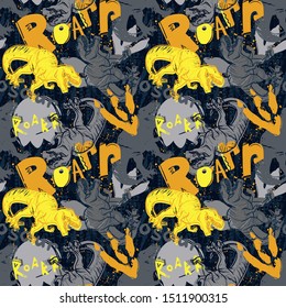 Jurassic period, dinosaur creative flat seamless pattern. Prehistoric animal hand drawn texture. Tyrannosaurus bones and footprints decorative backdrop. Wallpaper, textile, wrapping paper design
