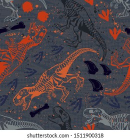 Jurassic period, dinosaur creative flat seamless pattern. Prehistoric animal hand drawn texture. Tyrannosaurus bones and footprints decorative backdrop. Wallpaper, textile, wrapping paper design