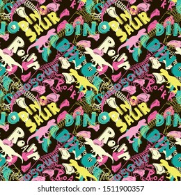 Jurassic period, dinosaur creative flat seamless pattern. Prehistoric animal hand drawn texture. Tyrannosaurus bones and footprints decorative backdrop. Wallpaper, textile, wrapping paper design