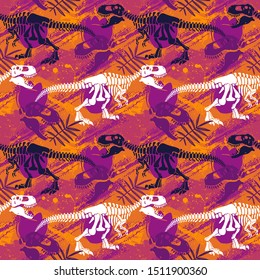 Jurassic period, dinosaur creative flat seamless pattern. Prehistoric animal hand drawn texture. Tyrannosaurus bones and footprints decorative backdrop. Wallpaper, textile, wrapping paper design