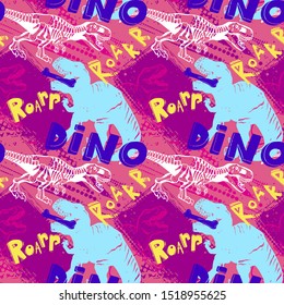 Jurassic period, dinosaur creative flat seamless pattern. Prehistoric animal hand drawn texture. Tyrannosaurus bones and footprints decorative backdrop. Wallpaper, textile, wrapping paper design