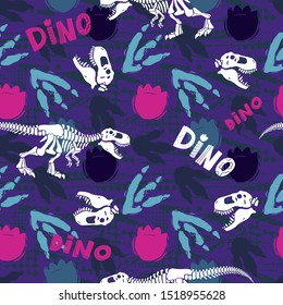 Jurassic period, dinosaur creative flat seamless pattern. Prehistoric animal hand drawn texture. Tyrannosaurus bones and footprints decorative backdrop. Wallpaper, textile, wrapping paper design