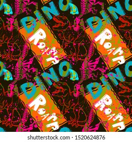 Jurassic period, dinosaur creative flat seamless pattern. Prehistoric animal hand drawn texture. Tyrannosaurus bones and footprints decorative backdrop. Wallpaper, textile, wrapping paper design