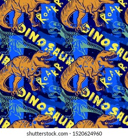 Jurassic period, dinosaur creative flat seamless pattern. Prehistoric animal hand drawn texture. Tyrannosaurus bones and footprints decorative backdrop. Wallpaper, textile, wrapping paper design