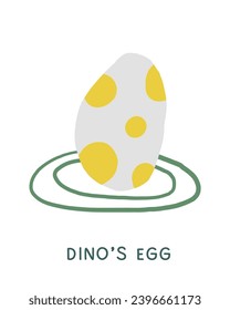 Jurassic period dinosaur egg flashcard. Learning English words for kids. Cute hand drawn doodle educational card with dino egg. Preschool learning material. Funny extinct animal card for print