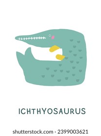 Jurassic period dinosaur flashcard. Learning English words for kids. Cute hand drawn doodle educational card with ichthyosaurus dino. Preschool learning material. Funny extinct animal card for print