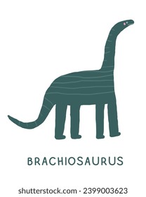 Jurassic period dinosaur flashcard. Learning English words for kids. Cute hand drawn doodle educational card with brachiosaurus dino. Preschool learning material. Funny extinct animal card for print