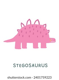 Jurassic period dinosaur flashcard. Learning English words for kids. Cute hand drawn doodle educational card with stegosaurus dino. Preschool learning material. Funny extinct animal card for print