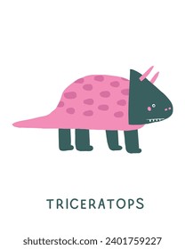 Jurassic period dinosaur flashcard. Learning English words for kids. Cute hand drawn doodle educational card with triceratops dino. Preschool learning material. Funny extinct animal card for print