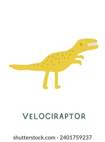 Jurassic period dinosaur flashcard. Learning English words for kids. Cute hand drawn doodle educational card with velociraptor dino. Preschool learning material. Funny extinct animal card for print